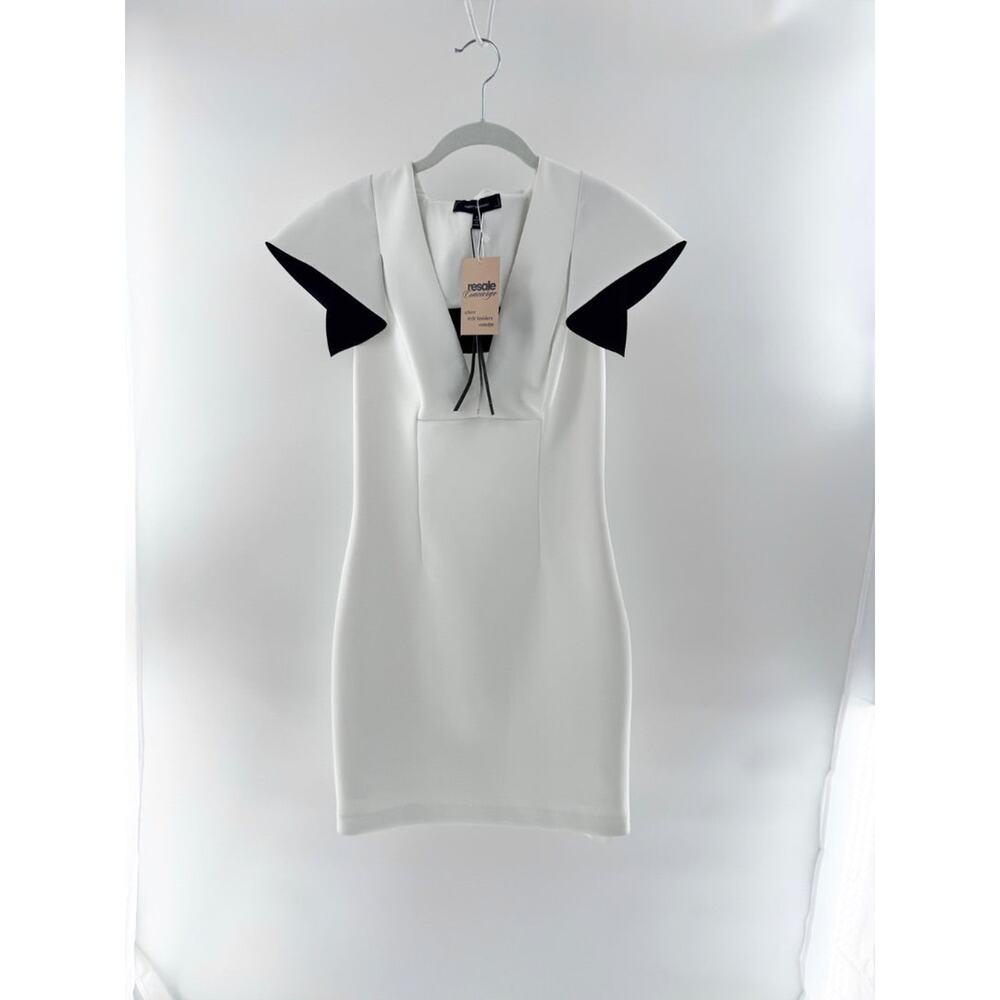 NWT Robert Rodriguez Ruffle-Cape Neoprene Mini Sheath Dress White Black Womens 8 - Picture 3 of 8